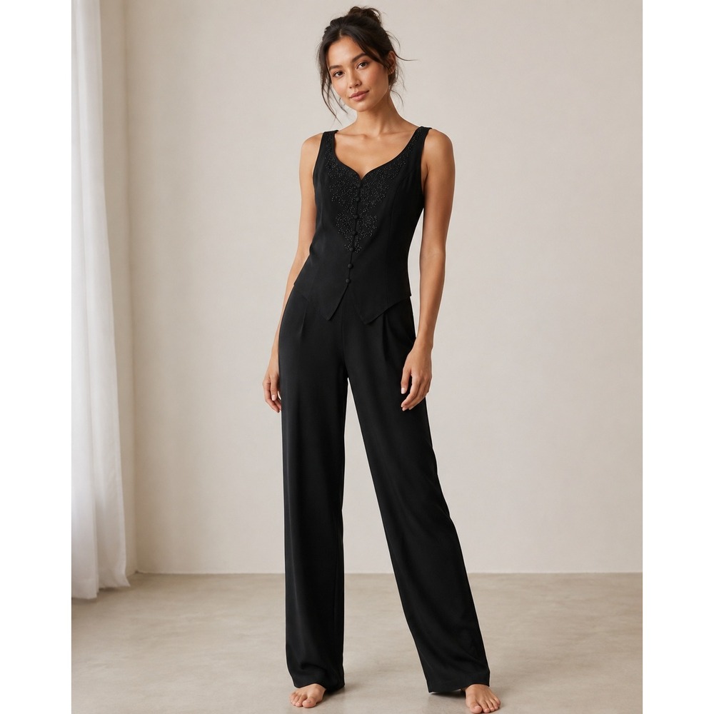 Laundry by Shelli Segal Black Beaded Vest Jumpsuit Size 6 Wide Leg Evening